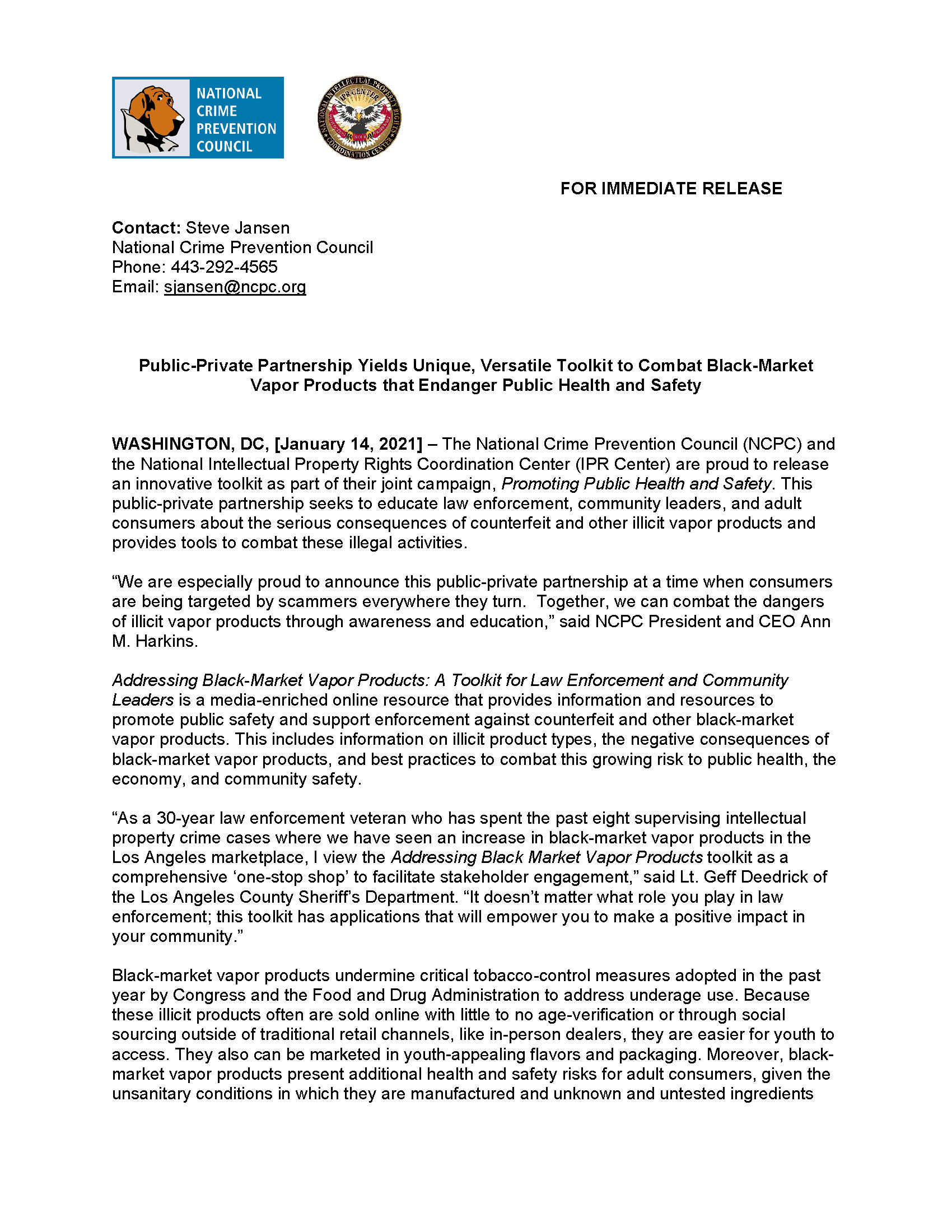 PPHS Toolkit Press Release January 2021 FINAL_Page_1 Public-Private Partnership Yields Unique, Versatile Toolkit to Combat Black-Market Vapor Products that Endanger Public Health and Safety